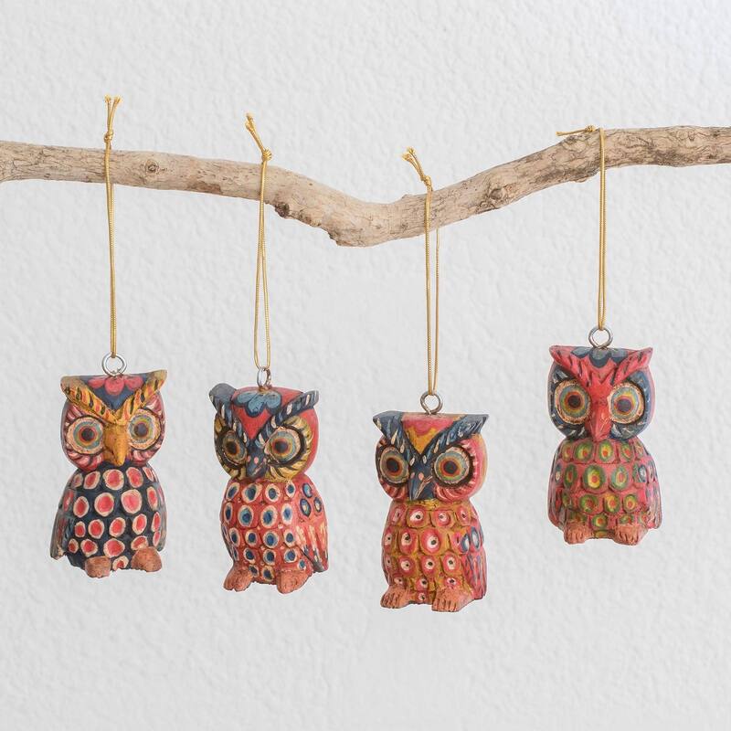 Wood ornaments, 'Charming Owls' (set of 4) - 3" H x 1.8" W x 1.2" D