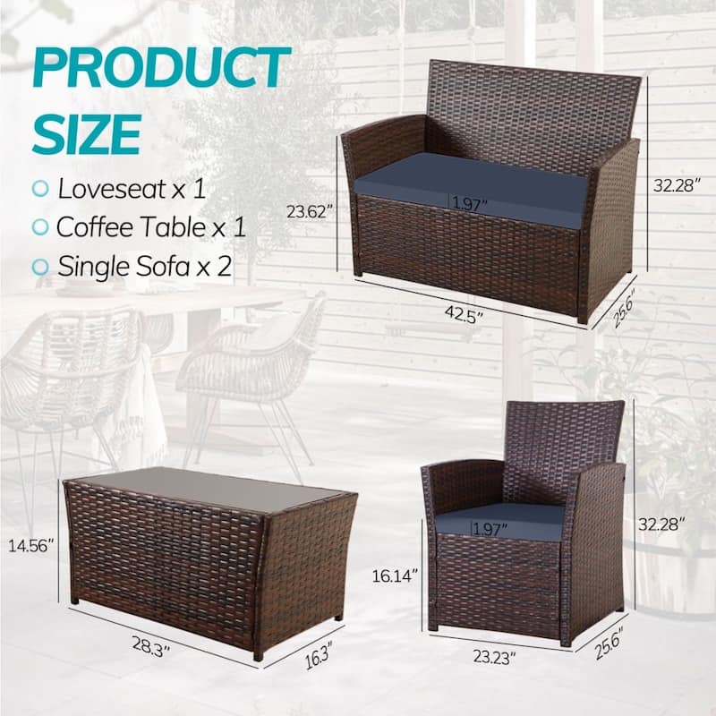 4 PCS Wicker Patio Conversation Set Rattan Seating Sofa Chair