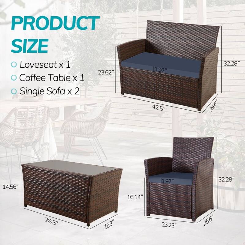 4-Piece Wicker Outdoor Sofa Set, 1 Loveseats, 2 Single Sofas, 1 Table