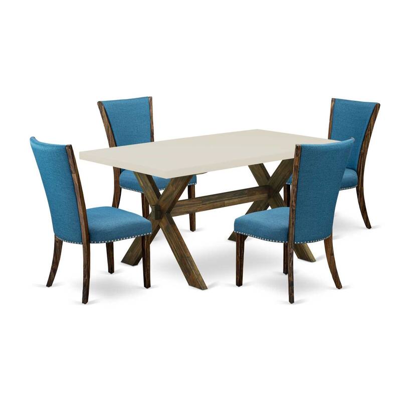 HomeStock 5-Piece Distressed Jacobean Finish Solid Wood Top Dining Table with 4 Parson Chair