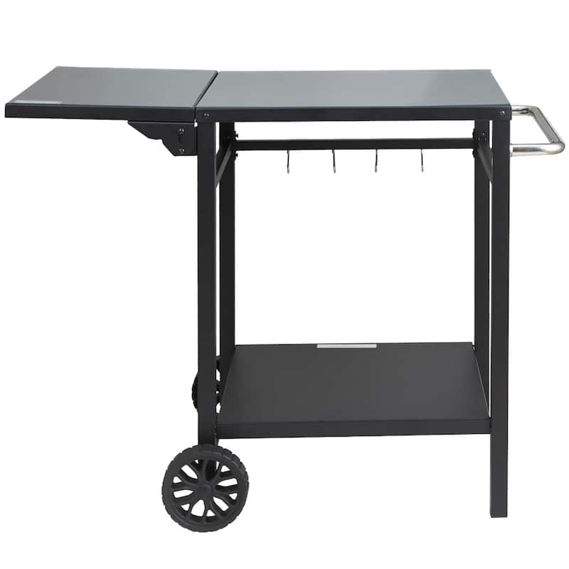 Outdoor Grill Dining Cart with Double-Shelf for Pizza Oven - Black