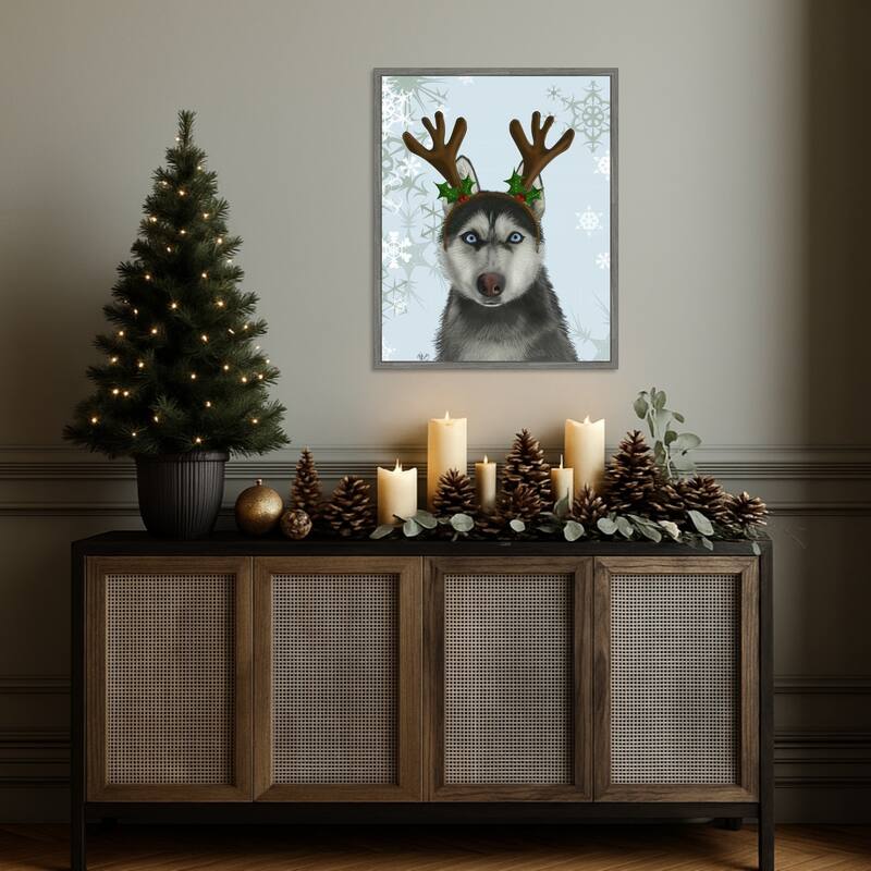 Husky and Antlers by Fab Funky (23 x 28 in.), Framed Canvas Wall Art Print - Sylvie Greywash