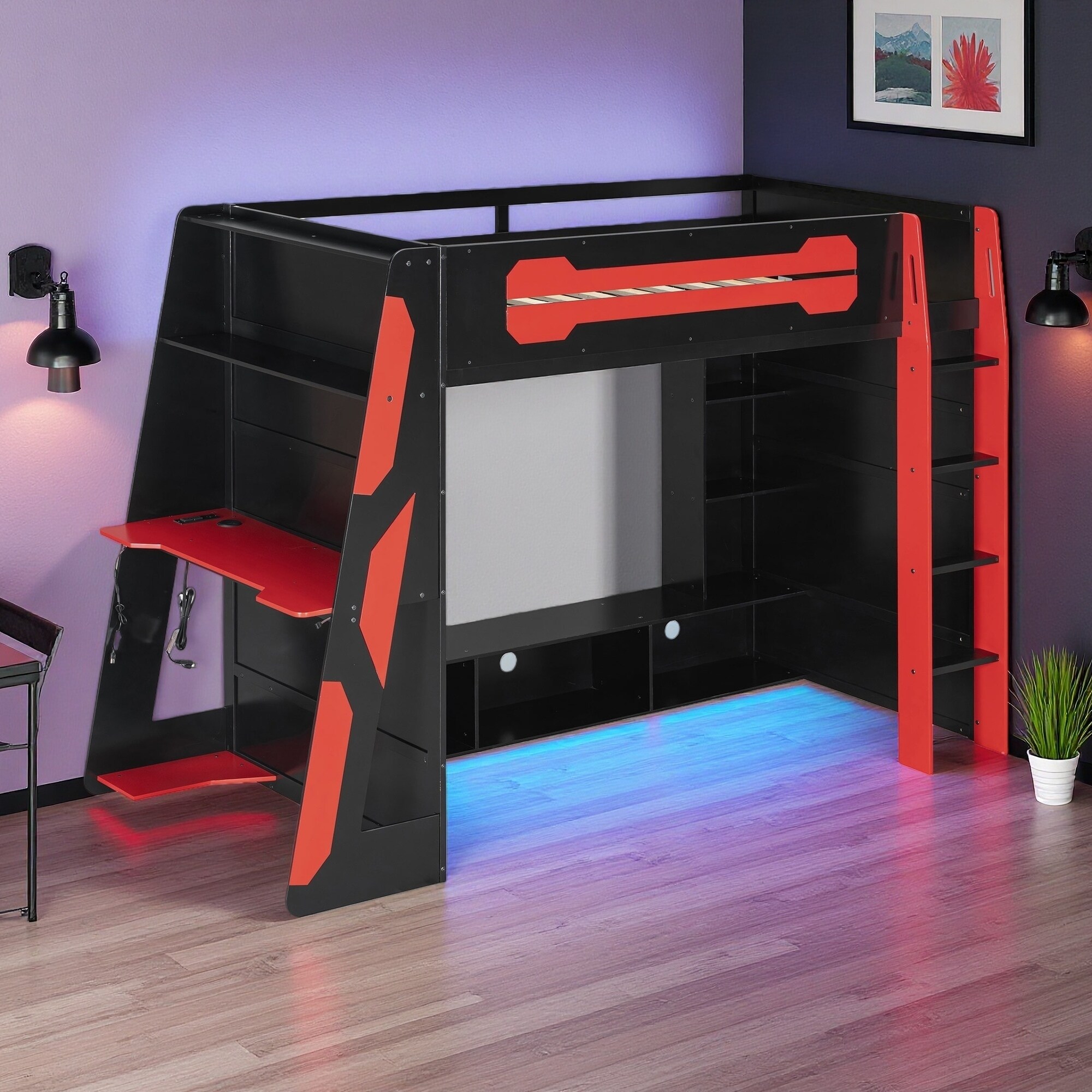 Twin Wood Loft Bed with Desk, Multi-Storage Shelves & RGB Light