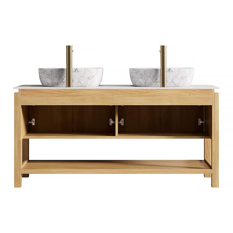 Freestanding Bathroom Vanity in Natural Wood with Carrara White Sintered Stone Top and Vessel Ceramic Basin