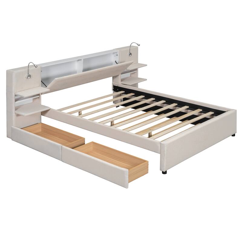 Queen Size Upholstered Platform Bed with Storage Headboard, Reading Lights, Trundle, and Side Racks
