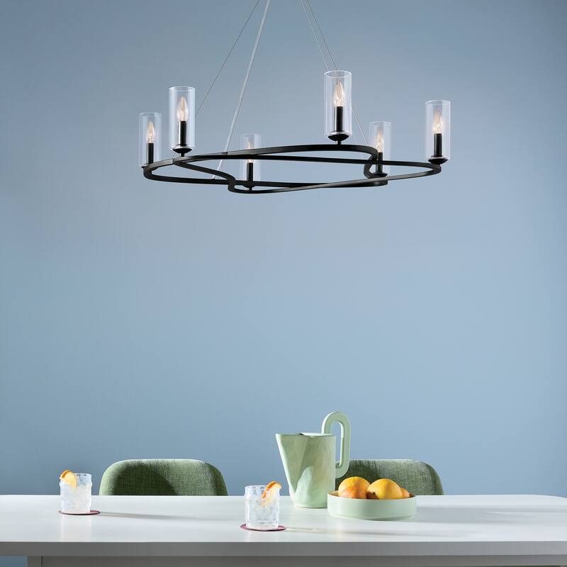 Harpin 37.75 Inch 6 Light Chandelier with Clear Glass in Black