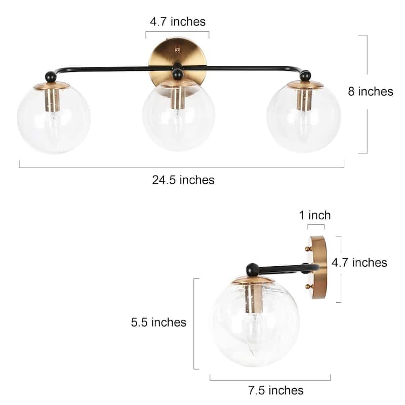 Modern 2/3 Light Black Gold Bathroom Vanity Lights Over Mirror Dual Globe Seeded Glass Wall Sconces Fixture for Bathroom
