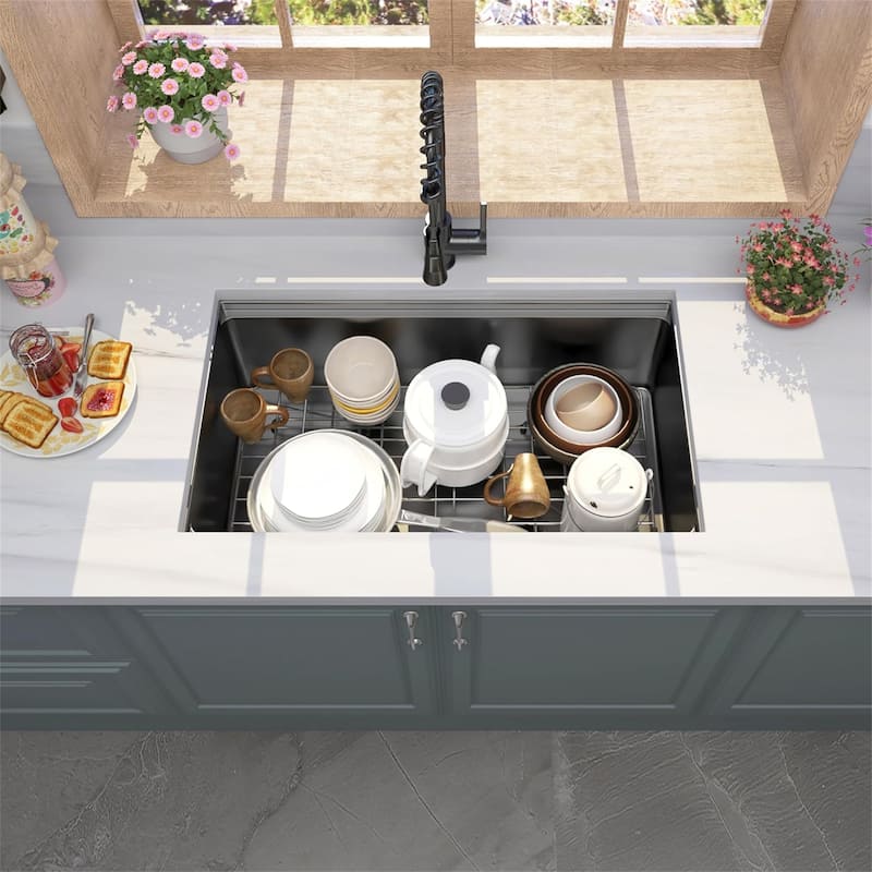 32" Gunmetal Black Undermount Workstation Sink - 16 Gauge Stainless Steel, 19" x 10" Deep, Handmade R10 Design with Accessories