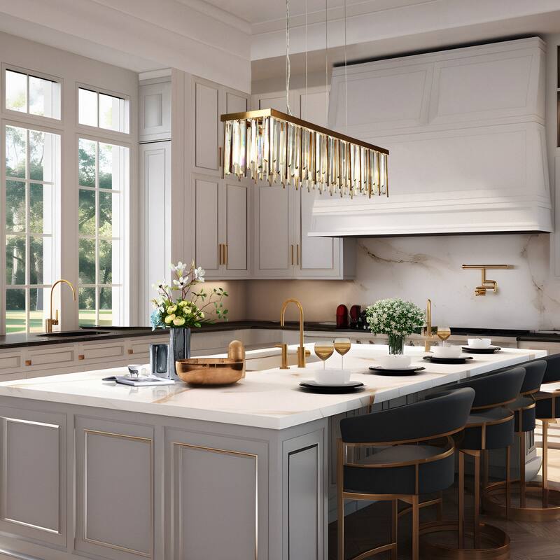 Modern Gold 7-Light Crystal Chandelier Rectangle Island Lights for Kitchen Island