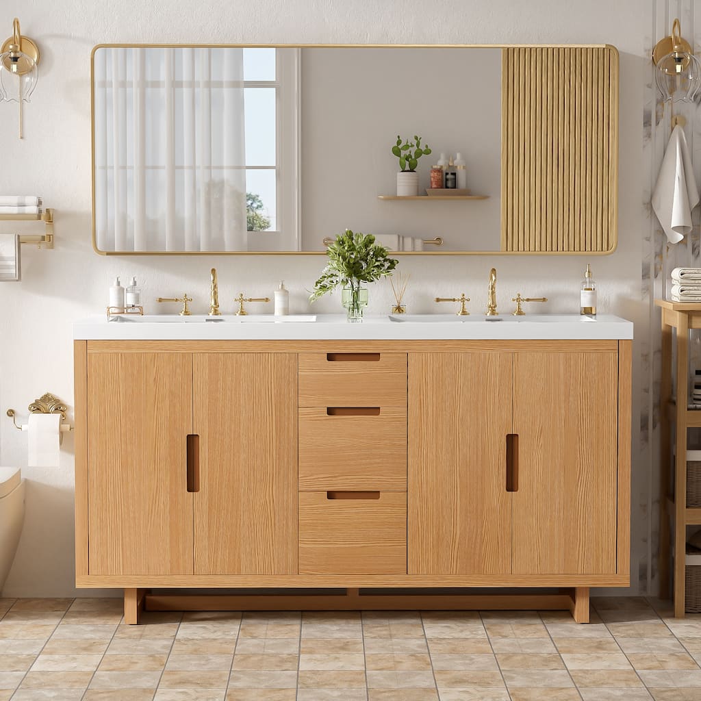 59.3" Bathroom Vanity with 4 Doors & 3 Drawers, Handle-Free Design, Soft-Close Hinges, Hidden Drawer Slides, SMC Resin Top