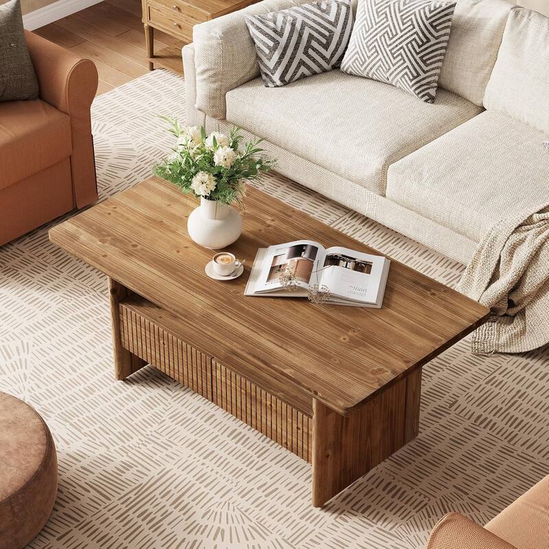 47-Inch Solid Wood Coffee Table with 2 Drawers, 2-Tier Rustic Center Table for Living Room