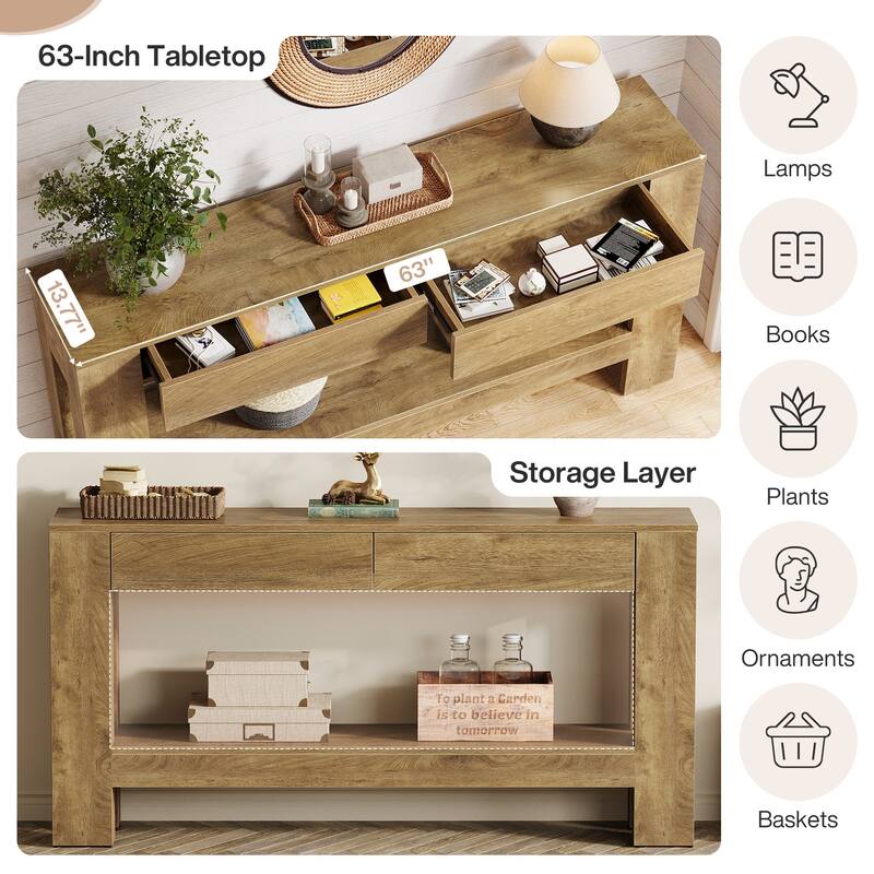 2-Tier Wooden Console Table with 2 Drawers for Entrance - /