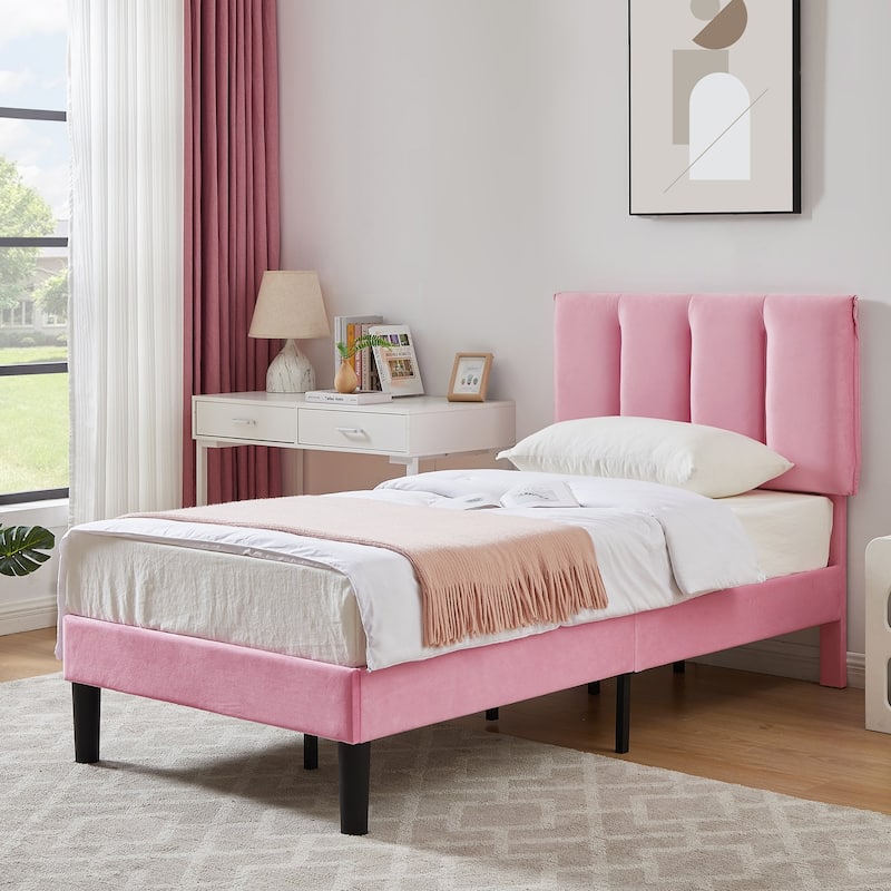Javlergo Velvet Upholstered Platform Bed Frame with Adjustable Headboard