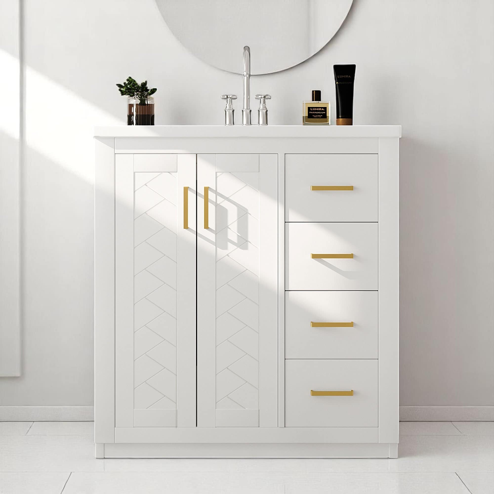Freestanding 30 Inch Bathroom Vanity with Ceramic Sink, MDF Cabinet with 3 Drawers and Storage Shelf