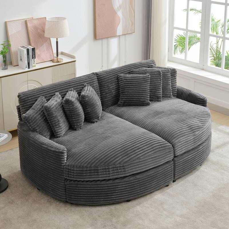 Oversized Fan-shaped Corduroy Couch, 2-piece Sectional Sofa with 4 & 8 Throw Pillows