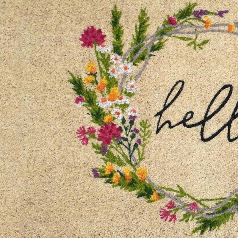 HomeRoots 18" X 30" Brown Green And Black Floral Hello Outdoor Coir Door Mat - 18.00' X '30.00