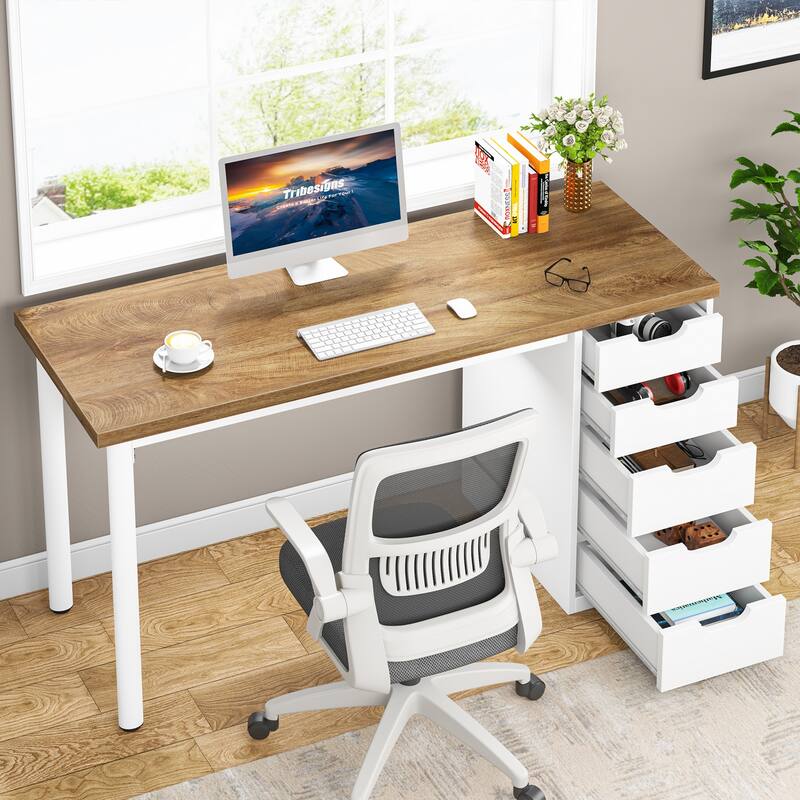Modern Computer Desk with 5 Reversible Drawers, Storage Home Office Desk, PC/Laptop Desk, Study Writing Table Workstation