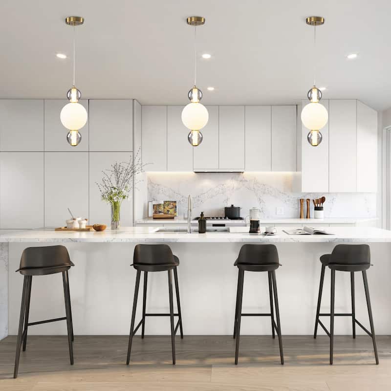 3-Light Modern Gold LED Pendant Light with White & Smoke Glass Globes - Dia.7.09-in