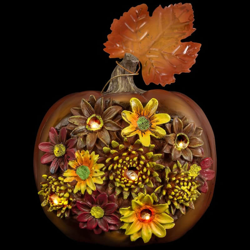 7.75" Brown Red LED Solar Floral Pumpkin Thanksgiving Table Decor