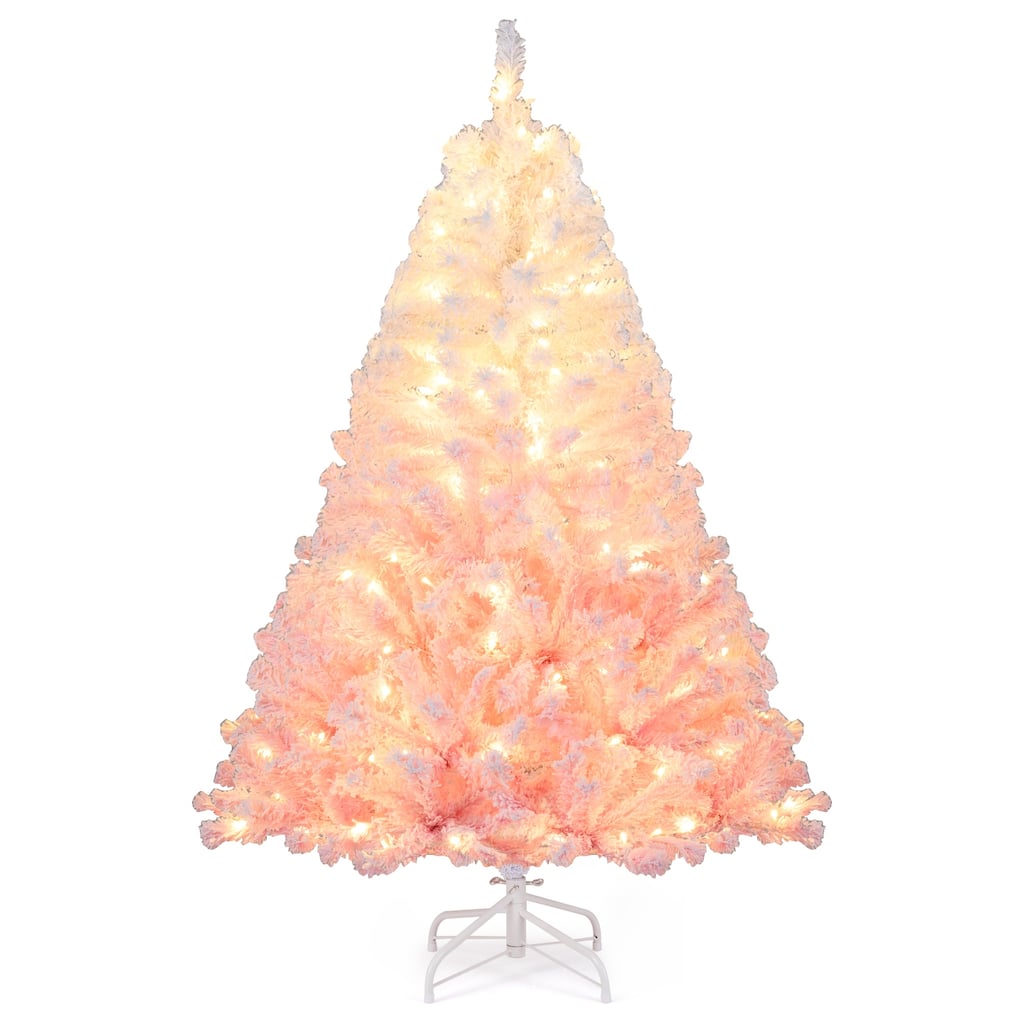 Gymax Artificial Christmas Tree Hinged Snow Flocked Xmas Tree w/ - Pink, White