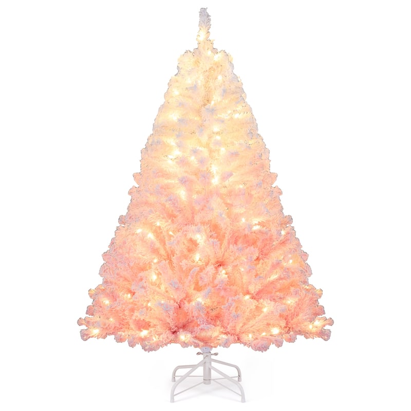 Gymax Artificial Christmas Tree Hinged Snow Flocked Xmas Tree w/ - Pink, White - 5 Foot