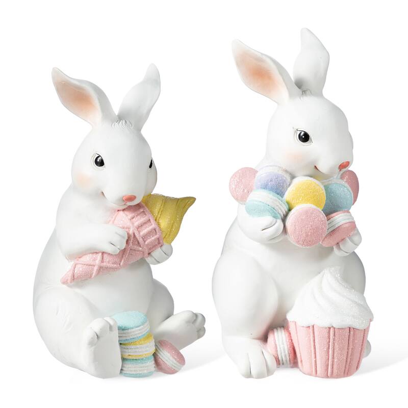 Glitzhome Easter Resin Bunny Holding Macaron Table Decor Stacked Rabbit Figurine