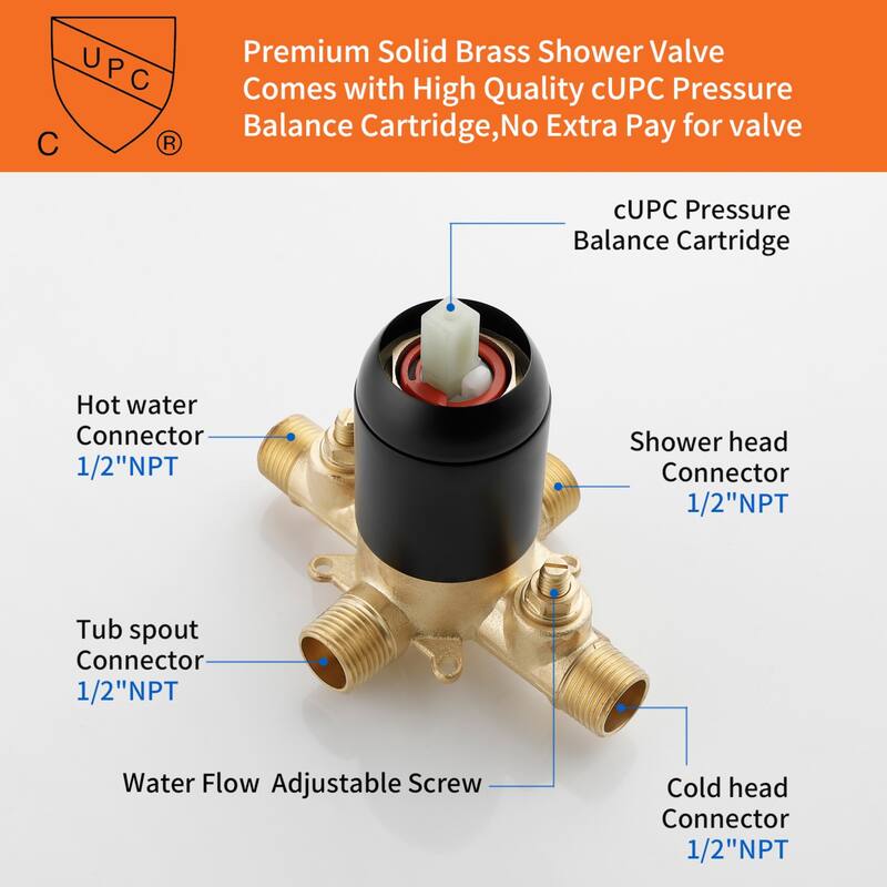 Modland Tub and Shower Faucet Set 6" Rain Head cUPC Pressure Balance Valve Anti-Scald Kit with Alloy Diverter Spout