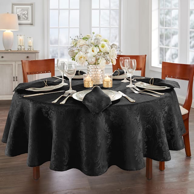 Caiden Elegance Damask Tablecloth - 90" Round - Black