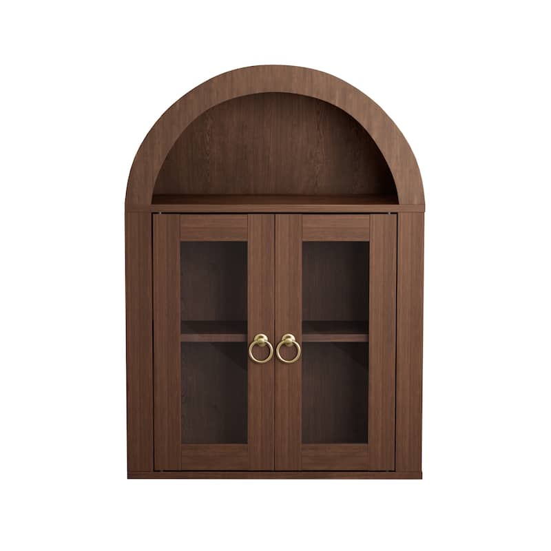 Wall Mounted Arched Cabinet with Glass Doors, Light and Adjustable Shelves for Laundry Room, Bathroom, Kitchen - Brown