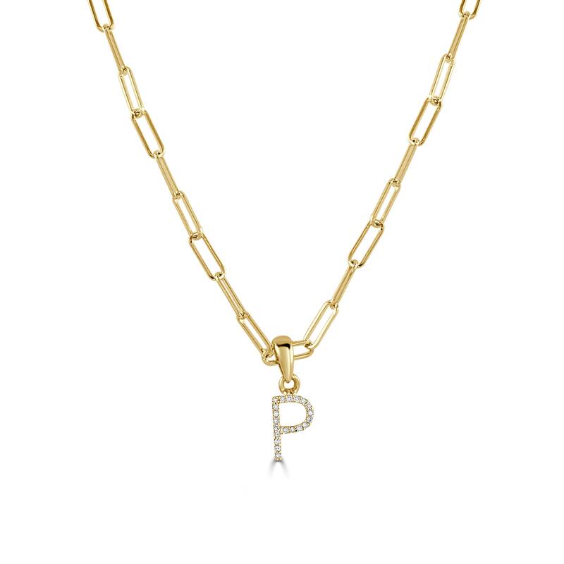 Joelle Collection Diamond Initial Letter Necklace Paperclip 14K Gold 16-inch Chain 1/10 TDW Necklace - P - Yellow