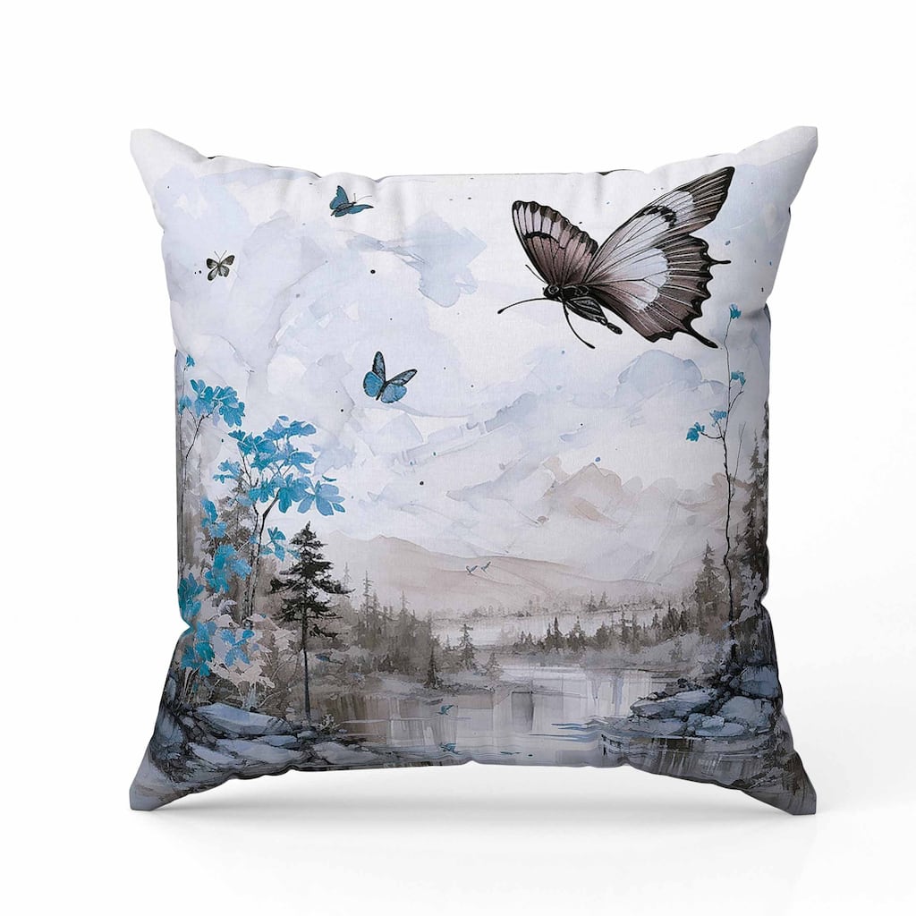 Fluttering Floral Heights Faux Suede Reversible Throw Pillow Gray and Cyan