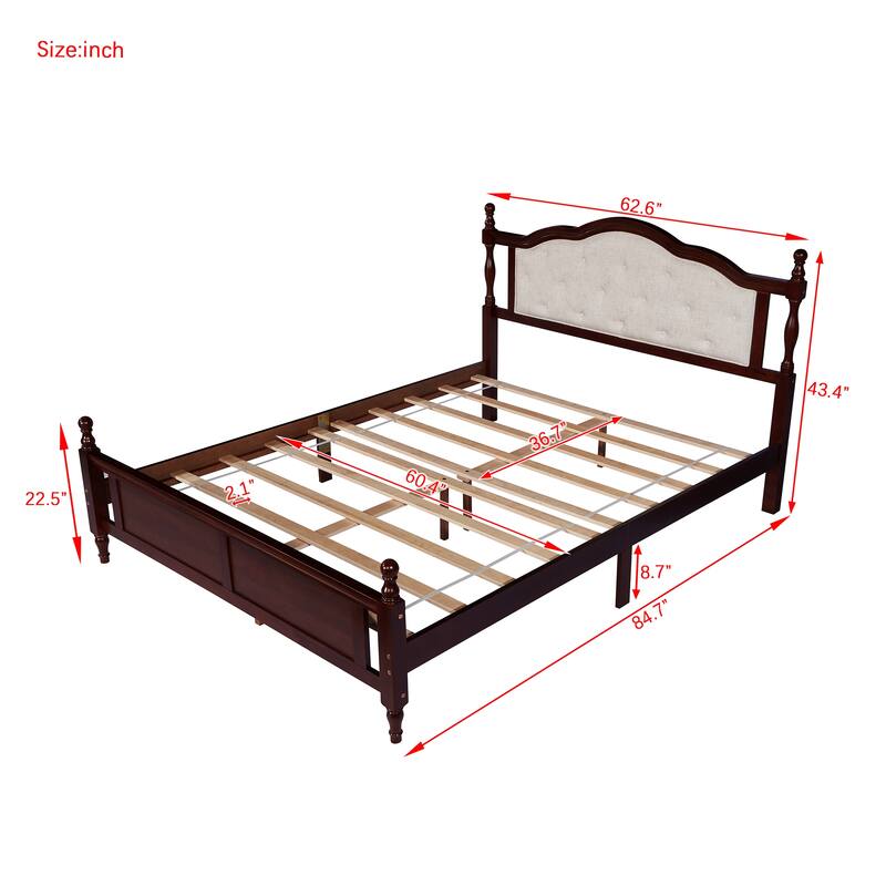 Roomfitters Queen Pine Wood Bed Frame with Upholstered Headboard and Panel Footboard, Platform Support Design, Cherry