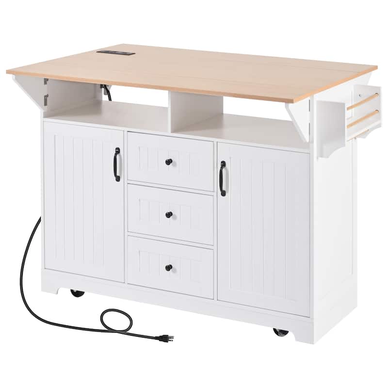 55.7''Kitchen Island,2 Drop Leaf,Rolling Kitchen Cart on 5 Wheels,Power Outlet,Folding Dining Table,Spice & Towel Rack,3 Drawers