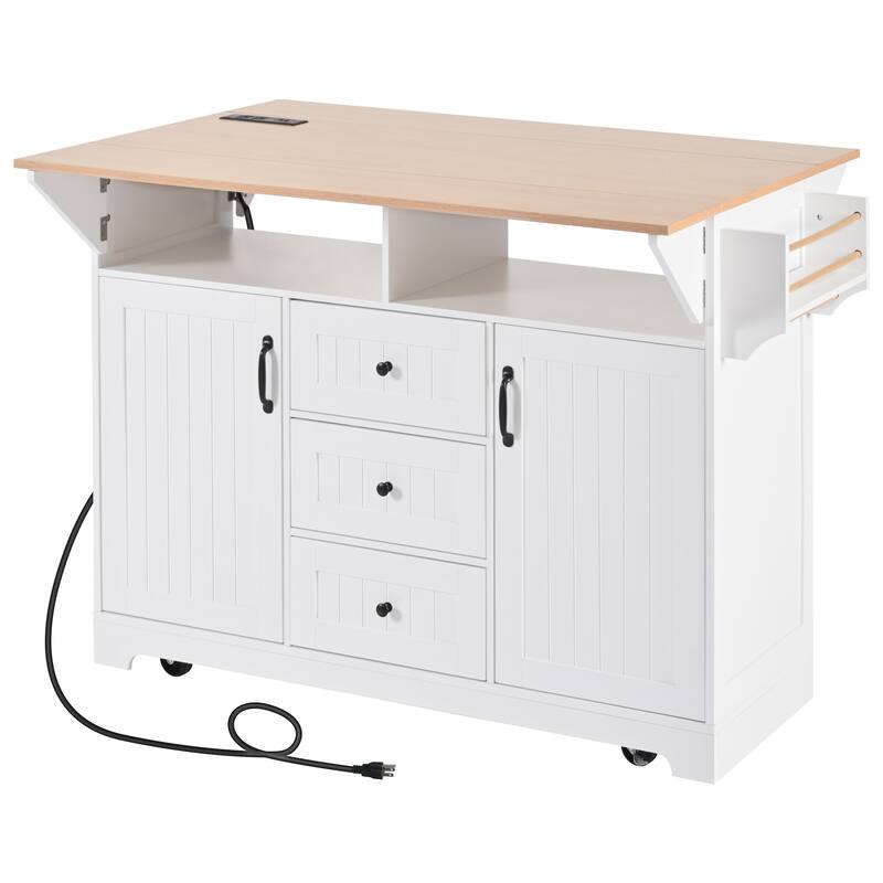 Anmytek 55.7" Rolling Kitchen Island with Drop Leaf, Power Outlet, Storage, White