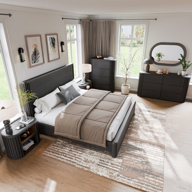Furniture of America Caelan II Modern 6-Piece Black Solid Wood Panel Bedroom Set with Motion Light - Queen