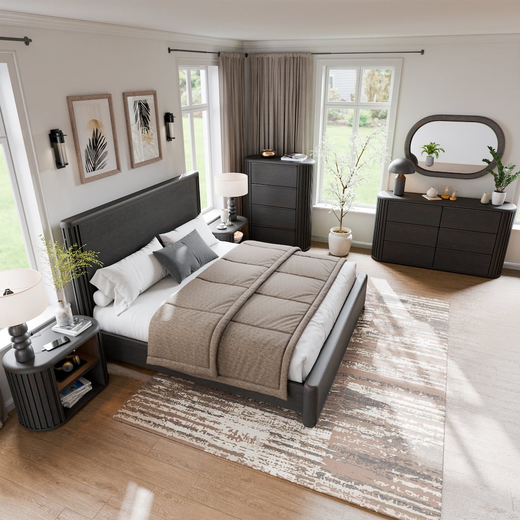 Furniture of America Caelan II Modern 6-Piece Black Solid Wood Panel Bedroom Set with Motion Light