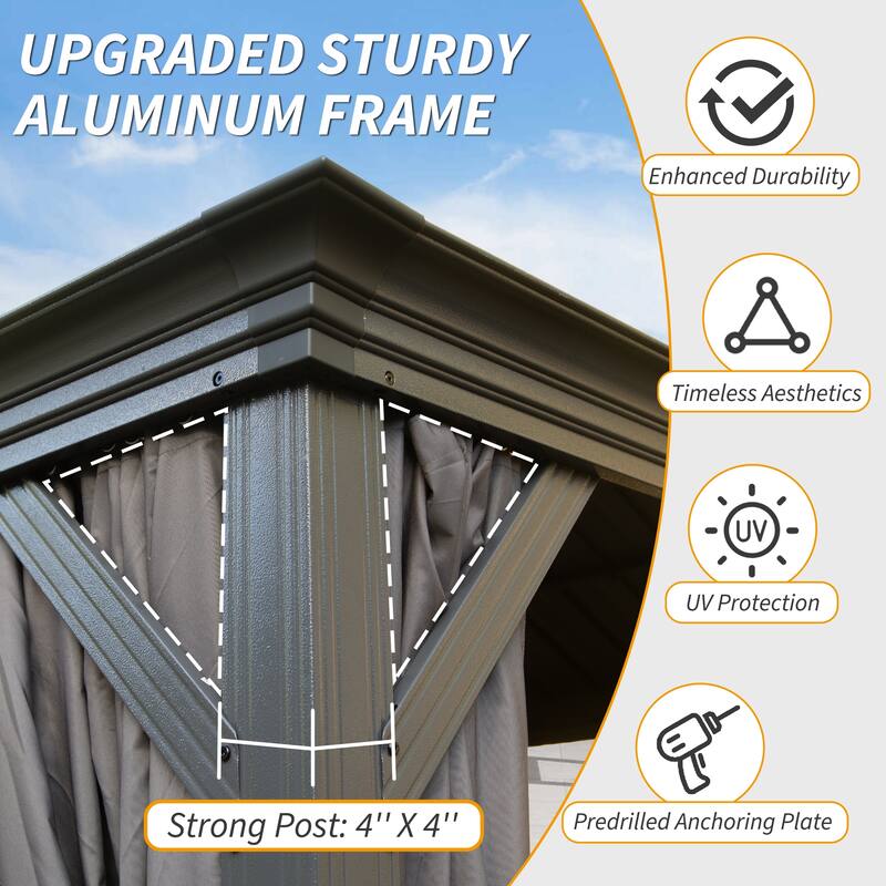 10' X 14' Hardtop Gazebo with Drainage System, Galvanized Steel Roof, Curtains, and Netting for Outdoor Living