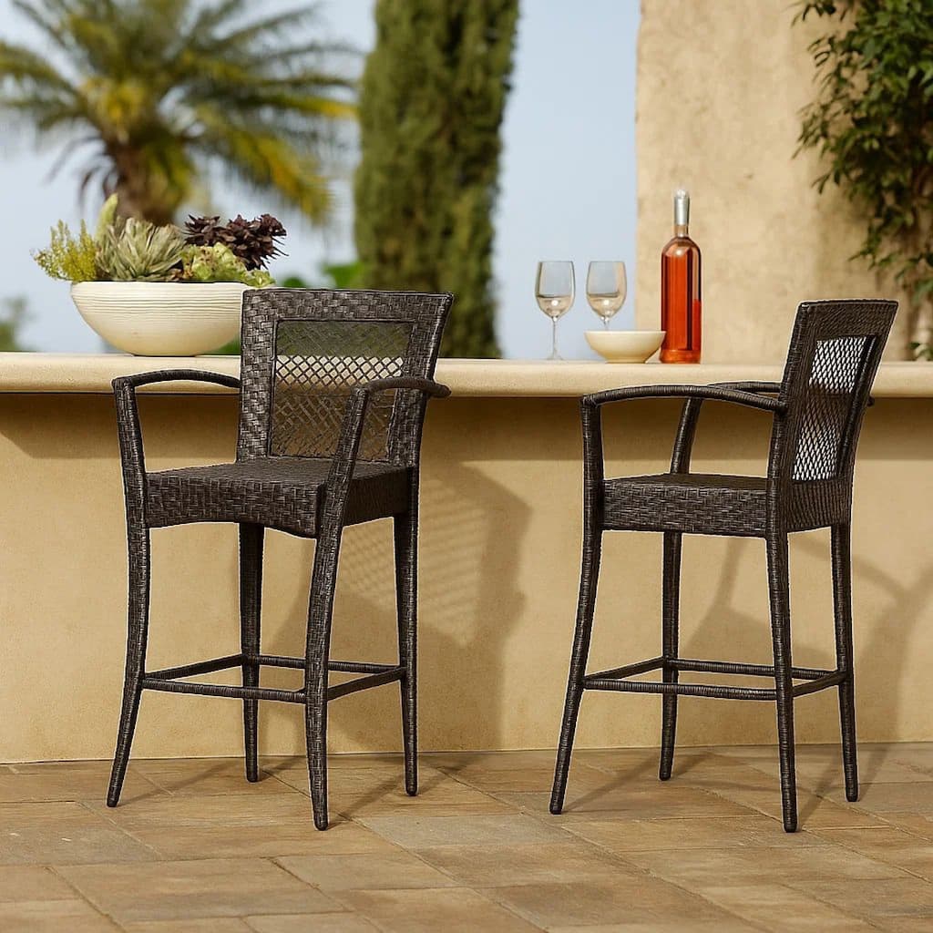 Fela Outdoor Barstool Chair Set of 2, Wicker Woven, Brown Iron Frame