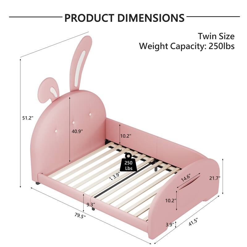Twin Size Platform Bed with Rabbit-Shape Headboard Pocket