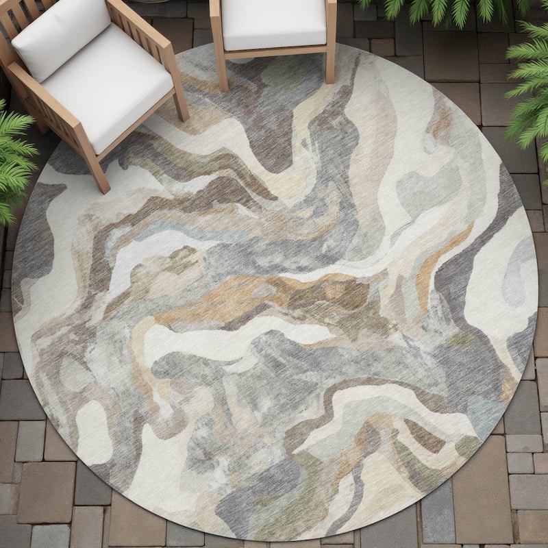 Machine Washable Indoor/Outdoor Modern Brushstrokes Chantille Rug - Khaki - 8' x 8'