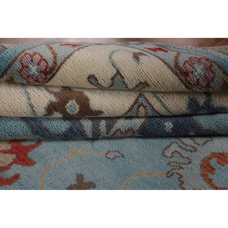 Light Blue Floral Oushak Oriental Large Rug Hand-Knotted Wool Carpet - 10'1" x 13'9"