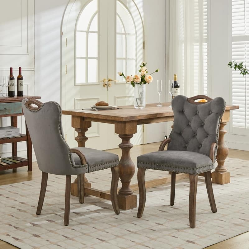 Velvet Dining Chairs with Tufted Trim & Copper Nail Accents - Set of 2