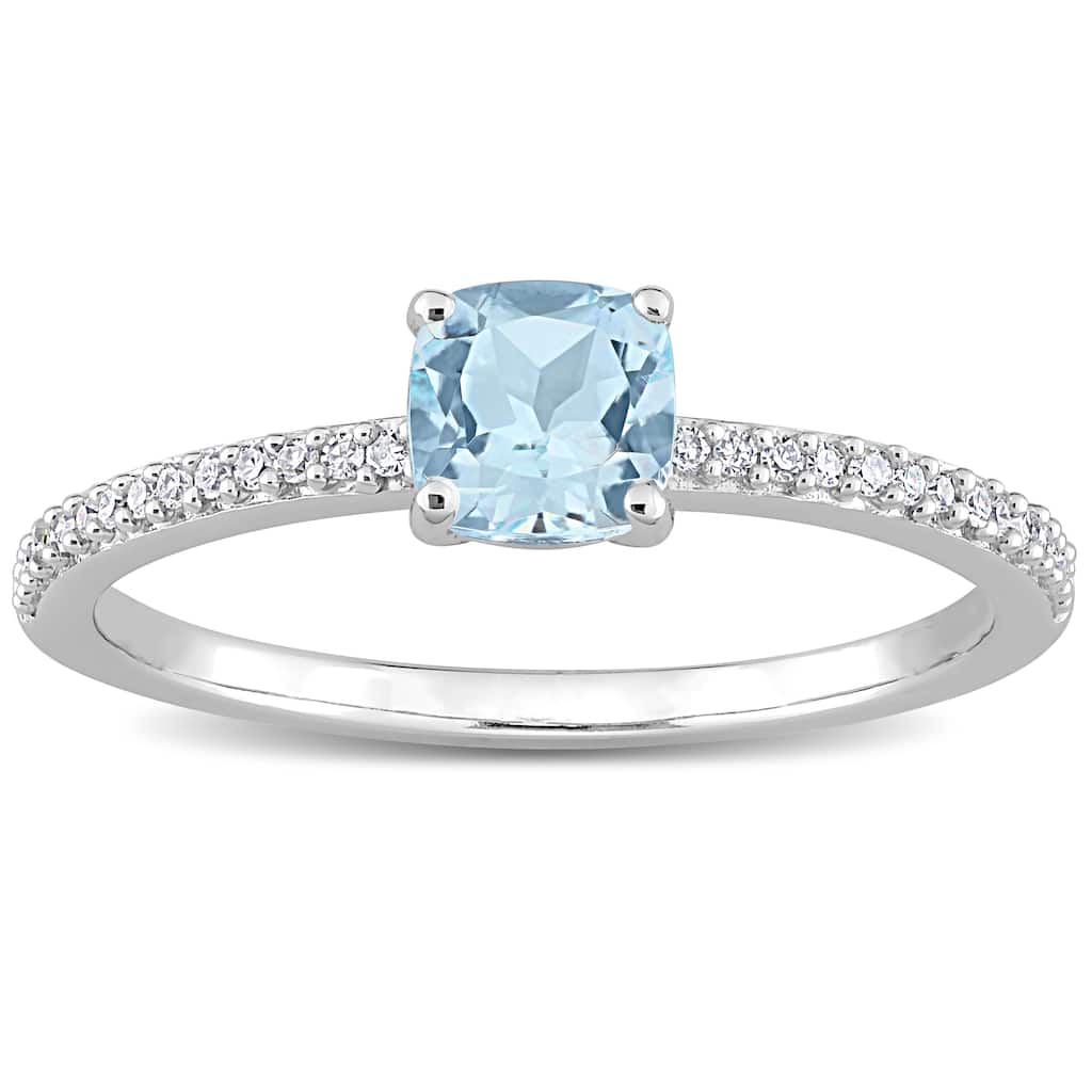 Miadora 10k White Gold Cushion-cut Blue Topaz and 1/10ct TDW Diamond Birthstone Ring