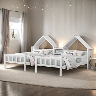 Double Twin Size Platform Bed with House-shaped Headboard and Built-in Nightstand