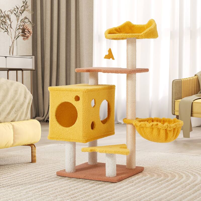 EROMMY Cheese-Shaped Multi-Level Cat Tree Tower with Hammock, Top Perch, and Sisal Scratching Posts - 37" H