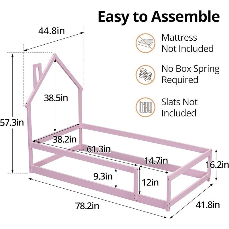 Twin Size House-Shaped Headboard Floor Bed with Fences