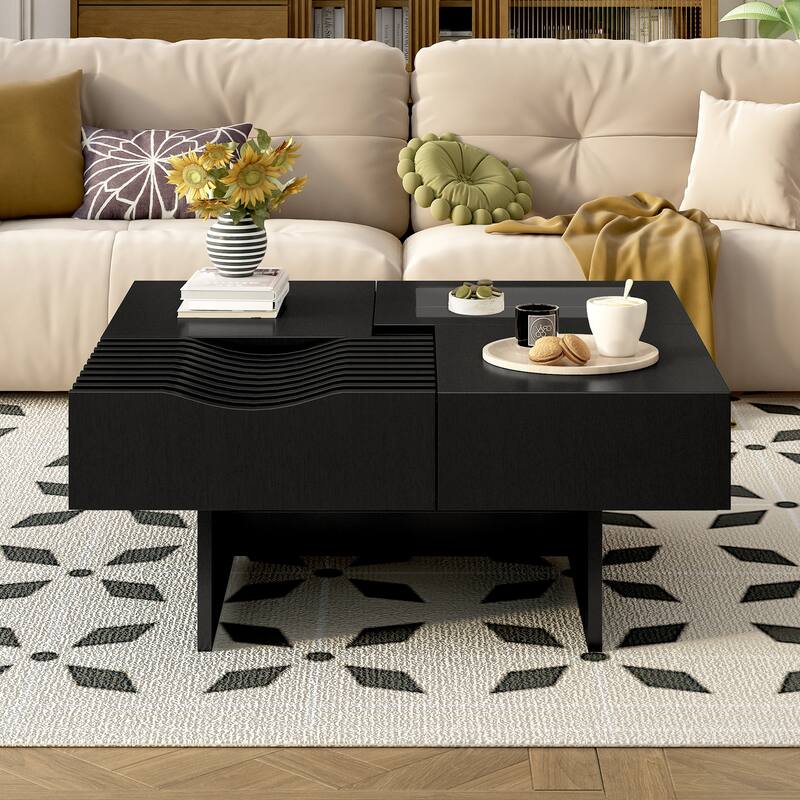 Mid-Century Modern Coffee Table Square Coffee Table with 3 Drawers and Tempered Glass Viewing Window, for Living Room