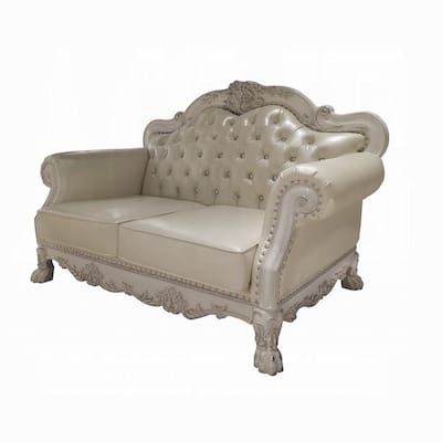 Ally Loveseat with 3 Pillows, 64 Inch Wood, Vintage White Faux Leather