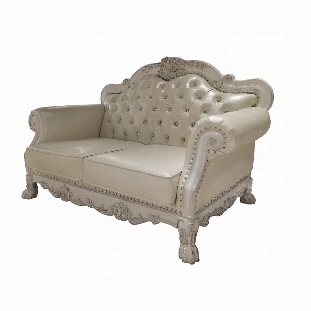 Ally Loveseat with 3 Pillows, 64 Inch Wood, Vintage White Faux Leather