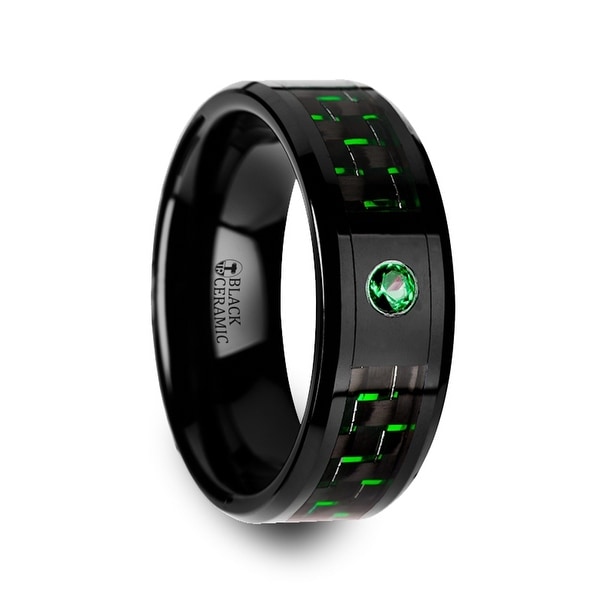 Hadar Black Ceramic Ring With And Green Carbon Fiber Hadar Black Ceramic Ring With And Green Carbon Fiber Emerald Setting 8mm